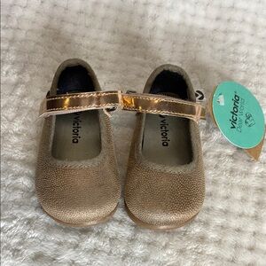 Victoria Tan with Gold Straps Mary Jane Style Shoes